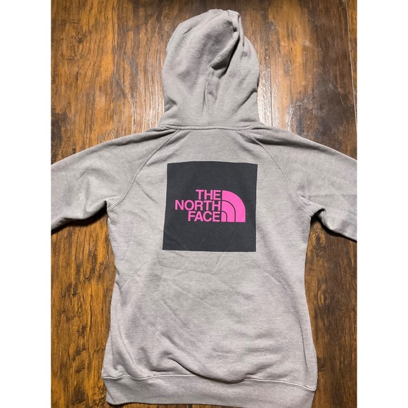 The North Face Tops - The North Face Womens Pink Box Logo Hoodie Gray Fleece Pullover Small